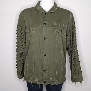 Sunset + Spring green denim grey bead boho oversized jean jacket L